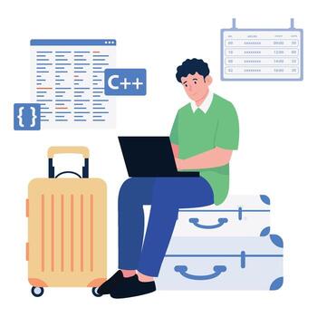 A software developer coding on his laptop while waiting at the airport with luggage. vector