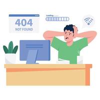 A remote worker stressed due to a 404 error and internet issues on his computer screen. vector