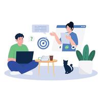 Man and woman in a call discussing project goals and planning tasks remotely. vector