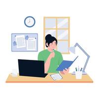 A woman thinking while planning her schedule and reviewing a to do list at her desk. vector