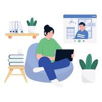 A woman joining a call from home on her laptop, connecting with a colleague online. vector