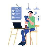 A remote worker brainstorming and taking notes at a cozy cafe with a laptop. vector