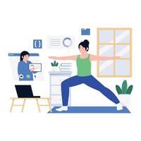 A woman doing yoga and stretching while watching a virtual exercise session. vector