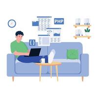 A programmer coding comfortably from the couch with digital tools and PHP references. vector