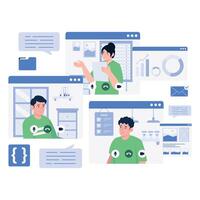 A multi-user conference showing people interacting remotely and sharing ideas. vector