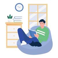 A relaxed man reading a book on a bean bag with a cat by his side. vector