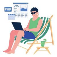 A man coding remotely while sitting on a beach chair with a tropical drink. vector