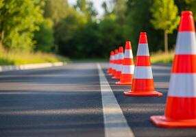 Orange and white traffic cones lined up on an asphalt road with green trees in the background photo