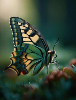 The Open Wings of a Vivid Green Swallowtail Butterfly photo