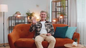 POV of Caucasian young man looking at camera, making webcam conference call with friends or family, enjoying conversation at home room apartment. Guy with gray hair sits on sofa waving hello video