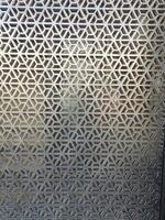Image shows decorative metal screen with geometric pattern, creating layered visual effect with silhouette of person behind it, adding depth and artistic appeal photo