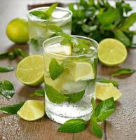 Mojito in a glass with lime slices and mint leaves photo