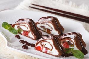Asian chocolate roll with cheese and fruit. horizontal photo
