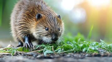 Young Beaver Exploring Forest Floor With Sunlit Background. Nature And Wildlife Photography photo