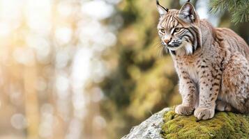 Lynx Sitting On Moss-Covered Rock In Forest. Wild Cat Observing Its Natural Habitat photo