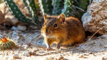Desert Rodent In Natural Habitat With Cactus And Rocks. Wildlife Adaptation In Arid Environments photo