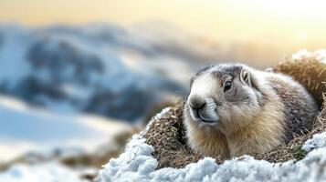 Marmot Peeking Out Of Snowy Burrow In Mountain Landscape. Wildlife In Natural Habitat photo