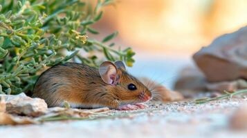 Mouse Resting On Sandy Ground Near Green Foliage. Wildlife In Natural Habitat photo
