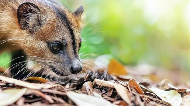 Close-Up Of A Curious Mongoose Exploring Forest Floor. Wildlife In Natural Habitat photo