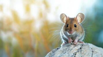 Cute Mouse On Tree Stump In Natural Habitat. Wildlife And Nature Photography photo