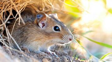 Close-Up Of A Gerbil In Its Natural Habitat. Small Rodent Exploring Its Environment photo