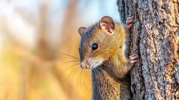 Mouse Peeking From Behind A Tree In Natural Habitat. Wildlife Exploration And Curiosity photo