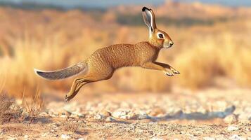 Desert Hare Leaping Across Arid Landscape. Wildlife Agility And Speed In Natural Habitat photo