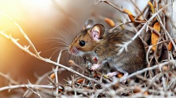 Mouse In Natural Habitat Among Thorny Branches. Wildlife And Nature Photography photo