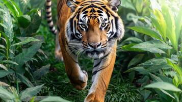 Tiger Walking Through Lush Green Jungle Foliage. Majestic Predator In Natural Habitat photo
