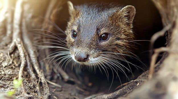 Close-Up Of A Mongoose Peeking Out Of A Burrow. Wildlife In Natural Habitat photo