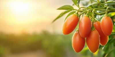 Goji Berries On A Branch With Morning Dew In A Sunlit Garden. Fresh And Healthy Superfood Concept photo
