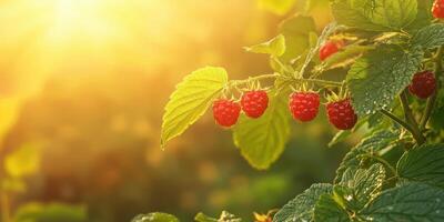 Ripe Red Raspberries On Bush With Dew In Sunlight. Fresh Organic Berries In Morning Glow photo