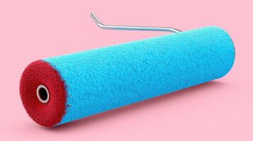 view of a paint roller with blue and red paint, isolated on a pink background. Perfect for home improvement, DIY projects, and creative home decor ideas. photo