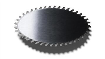 of a circular saw blade, showcasing its sharp teeth and metallic texture. Perfect for industrial, construction, and manufacturing themes. photo