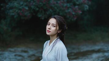 Elegant Woman in White Dress, Captivating Portrait in Nature Setting. A stunning visual of beauty and grace, this image exudes a sense of tranquility and ethereal charm. photo