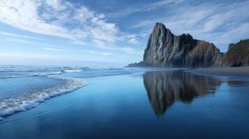 Majestic Coastal Cliff, Ocean Reflection, Serene Beach Landscape. A breathtaking view of a dramatic cliff rising from a tranquil o photo
