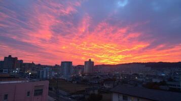 Fiery City Sunrise A breathtaking panorama of urban cityscape at dawn, painted in vibrant hues of orange, pink, and red, as the sun rises over the horizon. photo