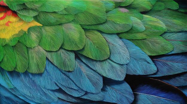 view of vibrant bird feathers, showcasing intricate textures and a spectrum of greens, blues, and yellows. A captivating display of natural beauty and color. photo