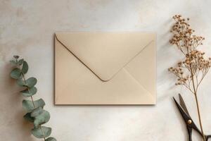 Elegant Beige Envelope Mockup with Dried Flowers and Eucalyptus Simple, Rustic, and Minimalist Aesthetic for Wedding Invitations o photo