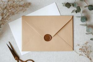 Elegant Rustic Wedding Invitation Design with Wax Seal and Floral Decor. Beautiful stationery, handmade card, and craft elements. photo