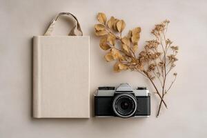 Vintage Camera, Dried Flowers, and Beige Book A Minimalist Photography Still Life photo