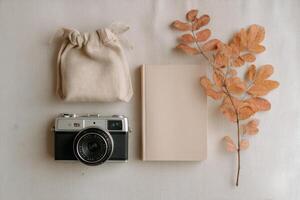 Autumnal Still Life A Vintage Camera, Book, and Dried Leaves Composition. A minimalist aesthetic with neutral colors and textures. photo