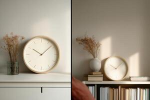 Minimalist Beige Wooden Wall Clock in Modern Home Interior Design Simple, Elegant, and Calming Aesthetic with Bookshelf and Dried photo