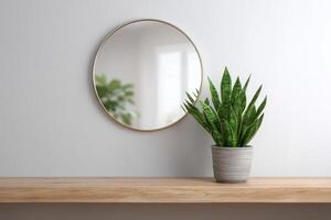 Modern Minimalist Home Decor Snake Plant and Round Mirror on Wooden Shelf. A simple yet elegant interior design with a touch of na photo