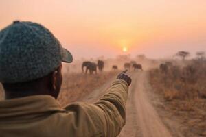Witnessing the Majestic African Sunset A breathtaking safari adventure where elephants roam freely under the golden hour light. An photo