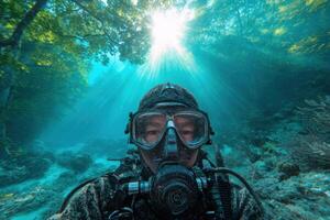 An Underwater Adventure Scuba Diving in a Sunlit Ocean. Explore the depths, discover marine life, and capture breathtaking underwa photo