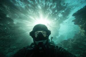 An Underwater Adventure Scuba Diving into a Sunlit Ocean Cave. Explore the depths, discover marine life, and experience the thrill photo