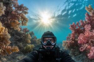 An Underwater Selfie A Diver's Encounter with Vibrant Coral Reefs. Sunbeams Illuminate the Scene, Creating a Breathtaking Underwat photo