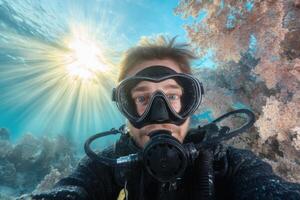 Underwater Scuba Diving Adventure A Diver's Selfie Amidst Vibrant Coral Reef and Sunbeams. Exploring the Depths of the Ocean, a Th photo