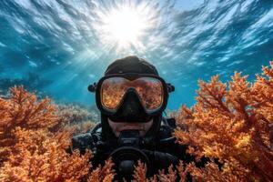 Enthralling Underwater Dive A Diver's Close Encounter with Vibrant Coral Reefs. Sunbeams Illuminate the Scene, Creating a Magical photo